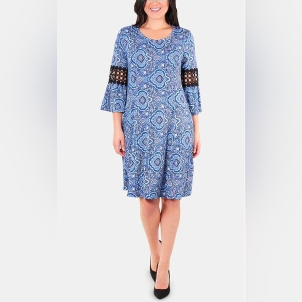 New Womens Medium Medallion Paisley Crochet Bell Sleeve Dress - Picture 2 of 6